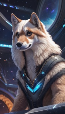 solo,looking at viewer,brown eyes,upper body,no humans,glowing,animal,star (sky),science fiction,dog,realistic,space,animal focus,sky,artist name,starry sky,white fur,planet,alien