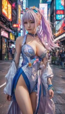 1girl,solo,long hair,breasts,looking at viewer,bangs,large breasts,dress,cleavage,bare shoulders,brown eyes,jewelry,medium breasts,closed mouth,standing,collarbone,ponytail,pink hair,thighs,cowboy shot,earrings,outdoors,parted lips,detached sleeves,choker,day,blurry,bracelet,leotard,lips,depth of field,blurry background,piercing,sunglasses,ring,high ponytail,eyewear on head,city,realistic,road,blue leotard,street,blue eyes,white hair,artist name,nail polish,collar,night,watermark,building,web address,cyberpunk,neon lights