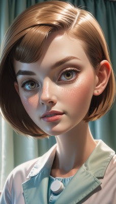 1girl,solo,looking at viewer,short hair,bangs,brown hair,shirt,brown eyes,jewelry,upper body,earrings,parted lips,teeth,lips,eyelashes,bob cut,thick eyebrows,curtains,portrait,freckles,realistic,nose,stud earrings