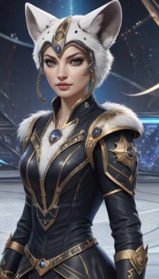 1girl,solo,breasts,looking at viewer,smile,short hair,long sleeves,hat,animal ears,brown eyes,jewelry,medium breasts,closed mouth,yellow eyes,upper body,belt,artist name,cat ears,signature,armor,lips,fur trim,makeup,lipstick,gem,gold trim,nose,red lips,ears through headwear,standing,hood,helmet,shoulder armor,realistic