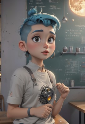 1girl,solo,looking at viewer,blush,short hair,shirt,holding,brown eyes,jewelry,sitting,blue hair,white shirt,upper body,short sleeves,earrings,parted lips,teeth,collared shirt,indoors,hair bun,english text,lips,upper teeth only,moon,single hair bun,thick eyebrows,suspenders,aged down,t-shirt,child,desk,freckles,science fiction,watch,hoop earrings,spoon,classroom,wristwatch,overalls,chalkboard,mechanical parts,light bulb,chair,table,genderswap,genderswap (mtf),nose,clock