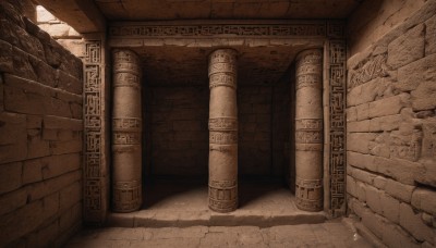 monochrome,outdoors,signature,dutch angle,no humans,shadow,sunlight,scenery,stairs,wall,ruins,brick wall,pillar,brown theme,arch,column,stone floor,light rays,crack,stone,stone wall