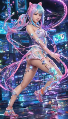 1girl,solo,long hair,breasts,looking at viewer,blue eyes,animal ears,bare shoulders,twintails,jewelry,medium breasts,blue hair,tail,full body,ponytail,pink hair,ass,multicolored hair,shoes,cat ears,two-tone hair,lips,see-through,sneakers,science fiction,city,cyberpunk,very long hair,braid,earrings,choker,artist name,collar,legs,petals,strapless,night,fake animal ears,headphones,sandals,holographic interface