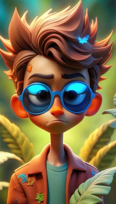 solo,looking at viewer,short hair,brown hair,shirt,hair ornament,1boy,closed mouth,jacket,upper body,male focus,outdoors,open clothes,glasses,artist name,dark skin,blurry,black eyes,open jacket,tree,blurry background,frown,leaf,sunglasses,thick eyebrows,bug,blue shirt,plant,spiked hair,butterfly,child,brown jacket,male child,tinted eyewear,blue butterfly,1girl,brown eyes,eyelashes,depth of field,watermark,aged down,web address,backlighting,serious,round eyewear,autumn leaves,leather,maple leaf,leaf hair ornament,orange jacket,leather jacket