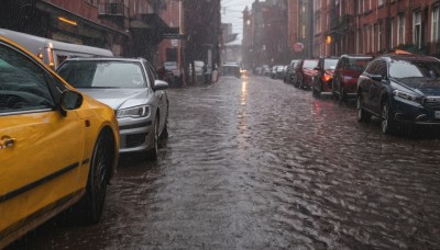 outdoors,no humans,ground vehicle,building,scenery,motor vehicle,reflection,rain,city,sign,realistic,car,road,vehicle focus,lamppost,street,road sign,puddle,sports car,real world location,sky,day,water