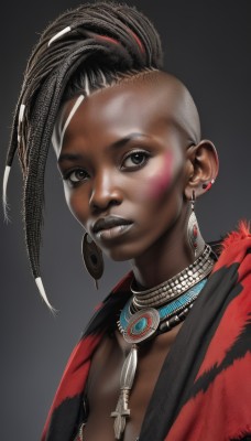 1girl,solo,looking at viewer,simple background,black hair,brown eyes,jewelry,upper body,ponytail,multicolored hair,earrings,parted lips,teeth,dark skin,necklace,black eyes,dark-skinned female,lips,makeup,facial mark,feathers,sharp teeth,forehead,realistic,nose,facepaint,very dark skin,tribal,breasts,short hair,cleavage,closed mouth,red hair,grey background,two-tone hair,gradient,gradient background,eyelashes,piercing,lipstick,black background,ear piercing,portrait,asymmetrical hair,undercut,neck ring,facial tattoo,mohawk,dreadlocks,black lips