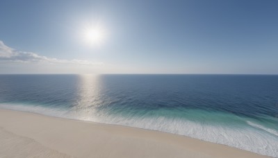 outdoors,sky,day,cloud,water,blue sky,no humans,ocean,beach,scenery,sand,sun,horizon,road,waves,shore,monochrome,sunlight,blue theme