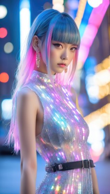 1girl,solo,long hair,breasts,looking at viewer,bangs,dress,brown eyes,jewelry,closed mouth,blue hair,upper body,pink hair,multicolored hair,earrings,small breasts,sleeveless,belt,blunt bangs,blurry,two-tone hair,lips,makeup,sleeveless dress,blurry background,realistic,nose,bare shoulders,medium breasts,artist name,depth of field,turtleneck,watermark,web address,black belt,bokeh,neon lights