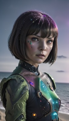 1girl,solo,looking at viewer,short hair,bangs,blue eyes,brown hair,black hair,green eyes,upper body,outdoors,parted lips,sky,artist name,water,armor,blurry,lips,grey eyes,bodysuit,blurry background,ocean,watermark,beach,bob cut,freckles,science fiction,realistic,nose,cyborg,breasts,small breasts,from side,eyelashes,makeup,facial mark,web address,facepaint