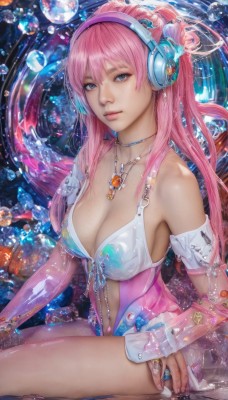 1girl,solo,long hair,breasts,looking at viewer,bangs,blue eyes,large breasts,navel,cleavage,bare shoulders,jewelry,medium breasts,sitting,collarbone,pink hair,hairband,parted lips,detached sleeves,choker,shiny,artist name,water,necklace,nail polish,leotard,lips,see-through,shiny skin,headphones,watermark,web address,pendant,bubble,water drop,realistic,nose,navel cutout,closed mouth,swimsuit,bikini,ring,armlet