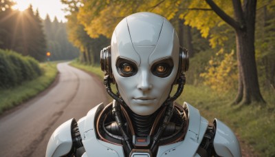 solo,looking at viewer,1boy,brown eyes,upper body,male focus,outdoors,blurry,tree,blurry background,helmet,robot,nature,lens flare,forest,science fiction,realistic,android,road,cable,cyborg,humanoid robot,lips,orange eyes,no humans,colored skin,sunlight,portrait,sun,bush,bald,robot joints,cyberpunk