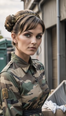 1girl,solo,breasts,looking at viewer,short hair,brown hair,jewelry,closed mouth,green eyes,upper body,braid,earrings,outdoors,day,hair bun,blurry,uniform,lips,grey eyes,military,double bun,military uniform,blurry background,single hair bun,freckles,realistic,camouflage,camouflage jacket,bangs,shirt,parted lips,collared shirt,nose