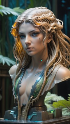 1girl,solo,long hair,breasts,looking at viewer,blue eyes,blonde hair,cleavage,medium breasts,upper body,small breasts,parted lips,water,blurry,lips,wet,eyelashes,bodysuit,depth of field,blurry background,bird,breasts apart,partially submerged,realistic,nose,center opening,brown hair,hair ornament,jewelry,collarbone,open clothes,artist name,necklace,makeup,leaf,watermark,wavy hair,facial mark,expressionless,plant,wet clothes,web address,science fiction,curly hair,cable,facepaint,cyborg,mascara