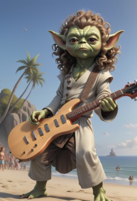 looking at viewer,brown hair,1boy,brown eyes,male focus,outdoors,multiple boys,sky,barefoot,solo focus,day,pointy ears,water,tree,blue sky,colored skin,ocean,beach,instrument,child,curly hair,sand,palm tree,music,guitar,male child,green skin,playing instrument,holding instrument,electric guitar,orc,plectrum,goblin,solo,long hair,blush,long sleeves,holding,closed mouth,standing,full body,pants,medium hair,black eyes,buttons,bird,claws,robe,rock,crowd,monster boy,kappa