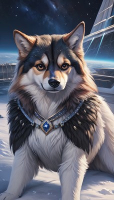 solo,looking at viewer,brown eyes,jewelry,outdoors,sky,necklace,no humans,night,animal,gem,star (sky),night sky,snow,starry sky,dog,realistic,space,animal focus,planet,blue gemstone