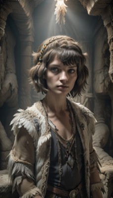 1girl,solo,looking at viewer,short hair,blue eyes,brown hair,hair ornament,jewelry,upper body,hairband,parted lips,open clothes,belt,artist name,signature,necklace,lips,looking to the side,grey eyes,fur trim,watermark,sunlight,feathers,androgynous,pendant,hand in pocket,light rays,realistic,nose,fantasy,dirty,pillar,statue,dirty face,breasts,collarbone,vest