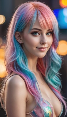 1girl,solo,long hair,breasts,looking at viewer,smile,bangs,blue eyes,cleavage,bare shoulders,jewelry,medium breasts,closed mouth,blue hair,swimsuit,upper body,pink hair,bikini,multicolored hair,earrings,blurry,from side,two-tone hair,aqua eyes,lips,eyelashes,gradient hair,makeup,depth of field,blurry background,watermark,piercing,web address,multicolored clothes,freckles,realistic,nose,stud earrings,bokeh,artist name,bra,aqua hair,light smile,bikini top only,eyeshadow,pink lips,mascara