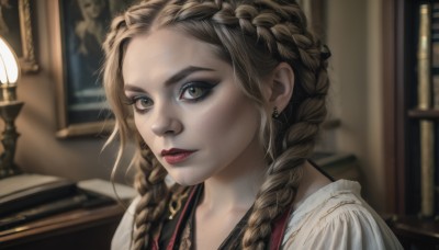 1girl,solo,long hair,looking at viewer,brown hair,shirt,brown eyes,jewelry,closed mouth,white shirt,upper body,braid,earrings,indoors,necklace,blurry,twin braids,lips,book,eyelashes,makeup,depth of field,blurry background,lipstick,portrait,freckles,realistic,nose,bookshelf,red lips,lamp,multiple braids,portrait (object),blonde hair,yellow eyes,forehead,crown braid