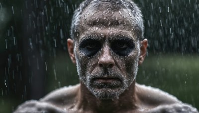 solo,looking at viewer,1boy,closed mouth,collarbone,white hair,male focus,blurry,black eyes,wet,facial hair,portrait,beard,rain,water drop,realistic,wet hair,manly,old,old man,grey hair,blurry background,close-up