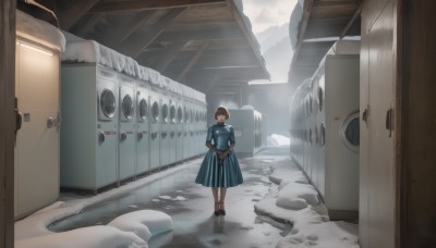 1girl,solo,looking at viewer,short hair,bangs,brown hair,black hair,dress,holding,brown eyes,closed mouth,standing,short sleeves,outdoors,shoes,day,puffy sleeves,indoors,black footwear,puffy short sleeves,gun,blue dress,own hands together,building,scenery,rock,ruins,wide shot,rubble,long sleeves,weapon,snow,door