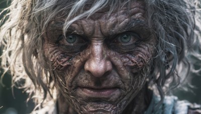 1girl,solo,looking at viewer,short hair,blue eyes,1boy,green eyes,white hair,grey hair,male focus,parted lips,teeth,signature,blurry,lips,eyelashes,blurry background,messy hair,portrait,close-up,realistic,old,wrinkled skin,bangs,grey eyes,heterochromia,scar,veins