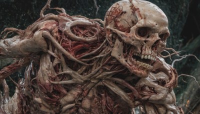 solo,open mouth,upper body,teeth,blurry,no humans,blood,blurry background,1other,skull,monster,ribs,skeleton,bone,horror (theme),signature