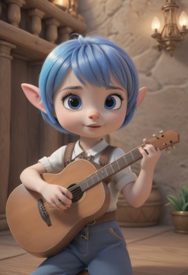 1girl,solo,looking at viewer,smile,short hair,open mouth,bangs,blue eyes,shirt,holding,blue hair,white shirt,short sleeves,parted lips,pointy ears,collared shirt,pants,indoors,blurry,vest,blurry background,suspenders,denim,instrument,child,music,guitar,potted plant,playing instrument,holding instrument,brown vest,lalafell,plant,jeans,wooden floor,blue pants,overalls,acoustic guitar