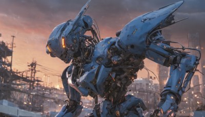 solo,upper body,outdoors,sky,cloud,orange eyes,no humans,glowing,robot,building,mecha,glowing eyes,science fiction,city,realistic,cable,power lines,damaged,looking ahead,lights,wire,radio antenna,crane (machine),military,smoke,machinery,military vehicle,cityscape,glowing eye,ruins