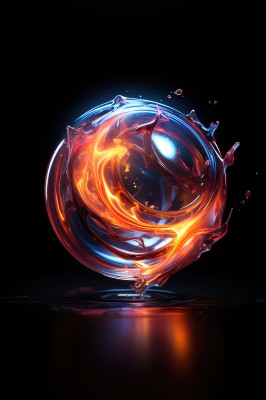 simple background,artist name,water,no humans,glowing,black background,scenery,light particles,reflection,bubble,water drop,ripples,orb,still life,fire,fantasy,orange theme