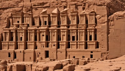 monochrome,outdoors,no humans,building,scenery,rock,road,ruins,sepia,brown theme,stone,sand,architecture,desert