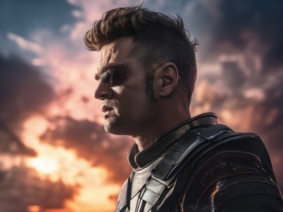 solo,short hair,brown hair,black hair,1boy,upper body,male focus,outdoors,sky,dark skin,armor,blurry,from side,profile,blurry background,facial hair,sunglasses,dark-skinned male,fire,shoulder armor,portrait,beard,realistic,mustache,manly,cloud,very short hair