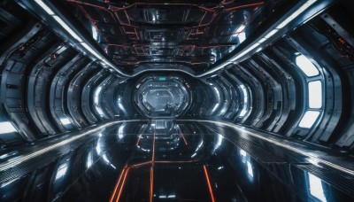 no humans,robot,scenery,machinery,science fiction,realistic,space,spacecraft,cockpit,glowing,floating,light,cable,wire,laser,machine