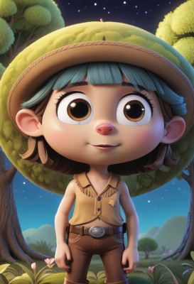 1girl,solo,looking at viewer,blush,smile,short hair,open mouth,bangs,brown hair,shirt,1boy,hat,navel,brown eyes,standing,flower,male focus,boots,outdoors,parted lips,sky,sleeveless,collared shirt,belt,pants,artist name,signature,blunt bangs,star (symbol),tree,sleeveless shirt,night,brown footwear,grass,child,star (sky),nature,night sky,buckle,starry sky,freckles,yellow shirt,belt buckle,female child,brown belt,male child,brown pants,cowboy hat,black hair,chibi,vest,watermark,web address