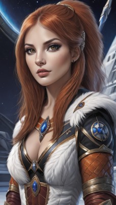 1girl,solo,long hair,breasts,looking at viewer,brown hair,hair ornament,cleavage,brown eyes,jewelry,medium breasts,upper body,ponytail,earrings,parted lips,sky,necklace,orange hair,lips,fur trim,makeup,star (sky),starry sky,freckles,nose,space,red hair,artist name,gem,fur collar,realistic