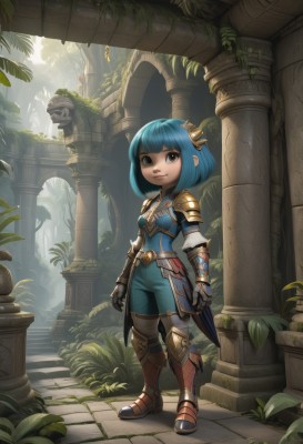 1girl,solo,looking at viewer,smile,short hair,bangs,hair ornament,brown eyes,closed mouth,blue hair,standing,full body,boots,outdoors,belt,blunt bangs,armor,black eyes,tree,lips,bob cut,knee boots,plant,shoulder armor,gauntlets,pauldrons,breastplate,stairs,fantasy,arms at sides,armored boots,greaves,pillar,column,gloves,leaf,watermark,web address,moss