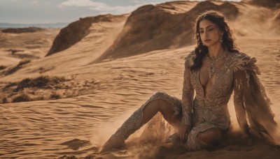 1girl,solo,long hair,breasts,large breasts,black hair,dress,cleavage,jewelry,medium breasts,sitting,closed mouth,full body,earrings,outdoors,barefoot,day,dark skin,necklace,armor,dark-skinned female,lips,knee up,realistic,sand,desert,plunging neckline,open mouth,brown hair,closed eyes,sky,water,mole,blurry,see-through,no bra,arm support,beach,revealing clothes,breasts apart,mountain,center opening,on ground,sepia,dirty,brown theme,fine art parody