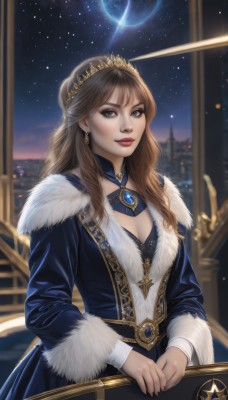 1girl,solo,long hair,breasts,looking at viewer,brown hair,long sleeves,dress,cleavage,brown eyes,jewelry,medium breasts,earrings,sky,indoors,blurry,lips,coat,fur trim,window,makeup,night,blurry background,blue dress,moon,cleavage cutout,tiara,crown,lipstick,gem,star (sky),night sky,starry sky,red lips,planet,bangs,holding,realistic