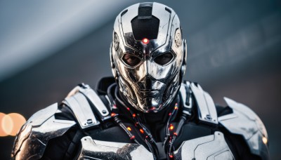 solo,looking at viewer,1boy,upper body,male focus,armor,blurry,blurry background,helmet,robot,lens flare,science fiction,realistic,straight-on,damaged,power armor,lights,glowing,portrait,close-up,cyborg,cyberpunk,humanoid robot,pilot