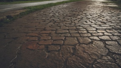 outdoors,day,tree,no humans,shadow,traditional media,grass,scenery,rock,road,path,pavement,puddle,stone floor