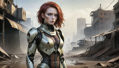 HQ,1girl,solo,breasts,looking at viewer,short hair,blue eyes,upper body,red hair,outdoors,sky,cloud,medium hair,armor,lips,bodysuit,blood,scar,ground vehicle,building,motor vehicle,scar on face,freckles,science fiction,injury,realistic,ruins,cyborg,dirty,damaged,power armor,dirty face,expressionless,robot,serious,city,cable,cyberpunk,post-apocalypse