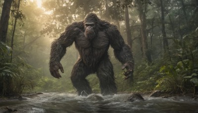 solo,1boy,standing,outdoors,teeth,day,water,tree,no humans,sunlight,plant,nature,scenery,claws,furry,wading,forest,monster,rock,realistic,bear,kaijuu