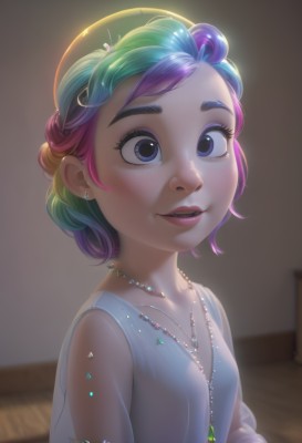 1girl,solo,breasts,looking at viewer,smile,short hair,blue eyes,hair ornament,dress,jewelry,purple eyes,collarbone,upper body,pink hair,purple hair,multicolored hair,earrings,small breasts,parted lips,green hair,teeth,sleeveless,artist name,indoors,signature,necklace,white dress,blurry,bracelet,two-tone hair,lips,see-through,eyelashes,gradient hair,makeup,blurry background,watermark,lipstick,gem,web address,eyeshadow,personification,freckles,nose,mascara,rainbow hair,open mouth,blue hair