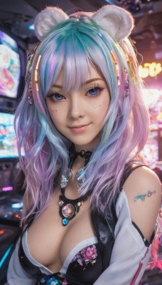 1girl,solo,long hair,breasts,looking at viewer,smile,bangs,blue eyes,hair ornament,animal ears,cleavage,bare shoulders,jewelry,medium breasts,closed mouth,blue hair,upper body,pink hair,purple hair,multicolored hair,detached sleeves,choker,necklace,mole,blurry,two-tone hair,lips,clothing cutout,eyelashes,tattoo,gradient hair,blurry background,floral print,cleavage cutout,gem,pendant,freckles,realistic,nose,cyberpunk,flower,vest,mole under eye,makeup,facial mark,pink lips,bear ears