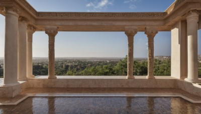 outdoors,sky,day,cloud,water,tree,blue sky,no humans,building,nature,scenery,forest,reflection,architecture,bridge,pillar,river,landscape,lake,column,signature,ocean,plant,mountain,bush,arch