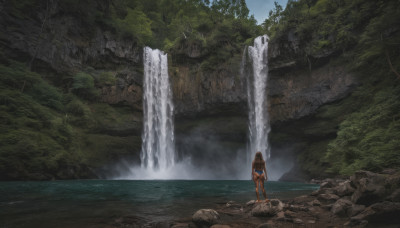 1girl, solo, long hair, brown hair, standing, swimsuit, bikini, outdoors, sky, day, water, from behind, tree, nature, scenery, forest, facing away, waterfall