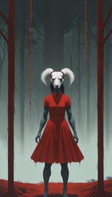 1girl,solo,looking at viewer,open mouth,red eyes,dress,twintails,jewelry,standing,full body,white hair,barefoot,teeth,tree,torn clothes,blood,colored skin,fangs,red dress,nature,glowing eyes,claws,forest,colored sclera,black sclera,grey skin,horror (theme),short sleeves,necklace,short twintails,monster girl,pale skin,skull,white skin,red theme