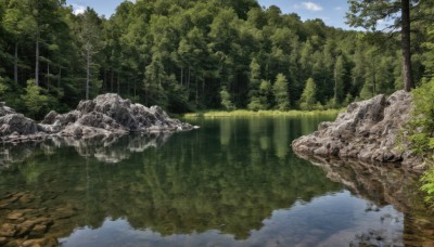 outdoors,sky,day,cloud,water,tree,blue sky,no humans,sunlight,cloudy sky,grass,nature,scenery,forest,reflection,light rays,rock,bush,sunbeam,river,landscape,reflective water