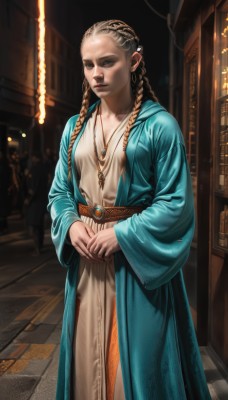 1girl,solo,long hair,breasts,looking at viewer,blue eyes,blonde hair,long sleeves,dress,jewelry,closed mouth,standing,braid,outdoors,solo focus,belt,wide sleeves,necklace,white dress,twin braids,lips,own hands together,gem,forehead,pendant,robe,city,realistic,nose,multiple braids,brown hair,medium breasts,earrings,indoors,parody,gold