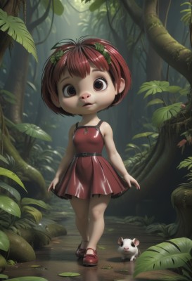 1girl,solo,looking at viewer,short hair,bangs,brown hair,hair ornament,dress,brown eyes,standing,full body,red hair,outdoors,parted lips,shoes,sleeveless,belt,tree,bare arms,sleeveless dress,animal,leaf,red dress,plant,red footwear,child,nature,mary janes,forest,walking,female child,mouse,smile,bare shoulders,lips,sunlight,frog,leaf on head