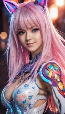 1girl,solo,long hair,breasts,looking at viewer,smile,bangs,blue eyes,large breasts,animal ears,cleavage,medium breasts,closed mouth,upper body,pink hair,cat ears,blurry,lips,clothing cutout,bodysuit,makeup,blurry background,fake animal ears,floral print,cleavage cutout,realistic,nose,bokeh,jewelry,artist name,necklace,from side,eyelashes,depth of field,eyeshadow